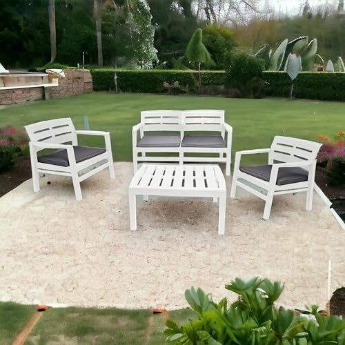 Dmora - Ensemble de Salon d'extérieur Massa, Composition de Jardin avec 2 fauteuils, 1 canapé et 1 Table Basse, Salon intérieur et extérieur avec Coussins, 100% Made in Italy, Blanc