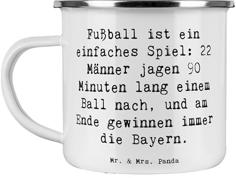 Mr. & Mrs. Panda Camping Emaille Tasse Spruch Fußball Bayern - Geschenk, Sieg, Camping Tasse Metall, Kaffee Blechtasse, Sport, Campingtasse,
