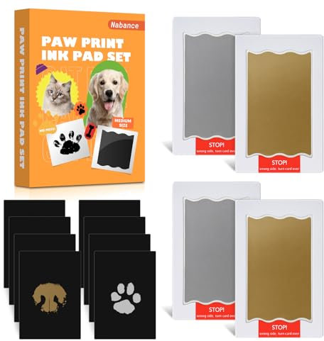 Nabance Pfotenabdruck set Hund, Fußabdruck Baby, 4 pcs Gold und Silber Stempelkissen mit 8 Karten Fussabdruck Baby Clean Touch Handabdruck Baby Hundeschnauze Druck Kit Geschenk für Haustiere Besitzer