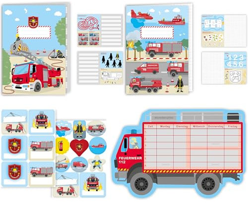 8-tlg. Schul-Set * FEUERWEHR * für Schule und Schulanfang, als Mitgebsel oder Geschenk in die Schultüte | Feuerwehrauto Feuerwehrmann Kindergeburtstag Einschulung