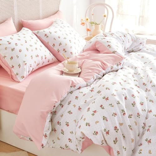 Sedefen Housse de Couette Fleurie 200x200cm Rose Floral Fleurs Ado Parure de Lit avec Fermeture Éclair 2 Personnes Adulte Fleurs Réversible Sets de Housse Couette avec 2 Taies d'oreiller 65x65cm