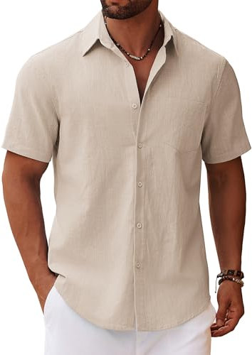 COOFANDY Short Sleeve Shirts Men Lightweight Summer Shirts Casual Linen Shirt Plain Cotton Shirt with Pocket Beach Holiday Light Khaki M