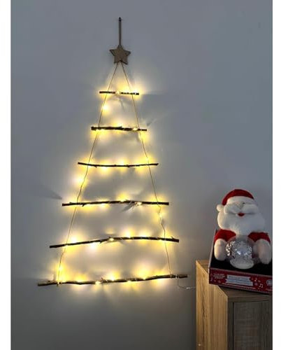 YORKSHIRE HOMEWARE Lit Twig Wall Christmas Tree Light | Christmas Decoration Gift Present With 40 led Warm White LED Lights | Small Wooden Ladders for Decoration | Wall Hanging Ornament (Natural Wood)