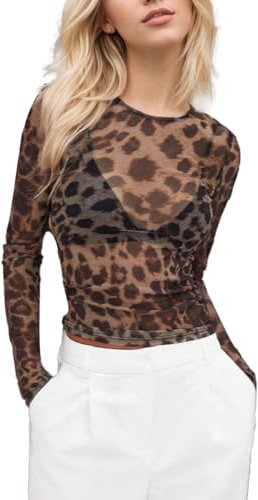 EMOTTOS Camiseta de Rejilla con Leopardo Impresión, Crop Top Sexy con Animal Print Camisa, Damas Y2K Slim Fit Transparentes Top de Malla Going out Clubbing Party, Negro, L