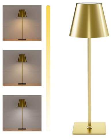 LUTW Rechargeable Table Lamp Gold, 3 Colour Modes Portable Cordless Table Lamp, Touch Stepless Dimming USB Battery Lamp for Bedroom, Dining Room, Living Room, Restaurant, Bar, Pack of 1