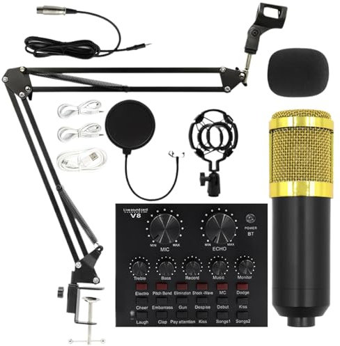 Générique Professional Streaming Microfono Kit, Condenser Mic with Adjustable Stand, Live Recording Sound Card Set, Black, Gold, for Podcasting, Music Production