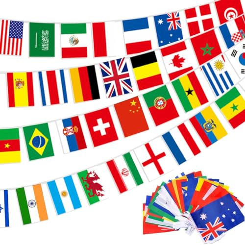 100 Pcs Guirlande de Drapeaux du Monde, 30 M Drapeau Decoration 14 * 21 cm, Drapeaux du Monde Bannière Bunting, Drapeaux du Monde Decor pour Bar Party Clubs