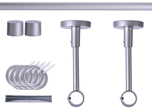 Victoria M. Gardinenstange Set mit Kappenknäufen mit Deckenhalter und Flachring, Vorhangstange Ø 19 mm Länge 120cm, 1-Läufig, Silber