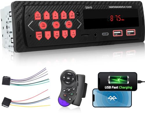 1 Din Autoradio - Bluetooth-Autoradio mit Dual-Bluetooth-Freisprecheinrichtung, UKW-Radio, USB/Type-C/TF/AUX-Anschluss, Ausschaltspeicher, Schutzverbindung, Audioaufnahme + SWC