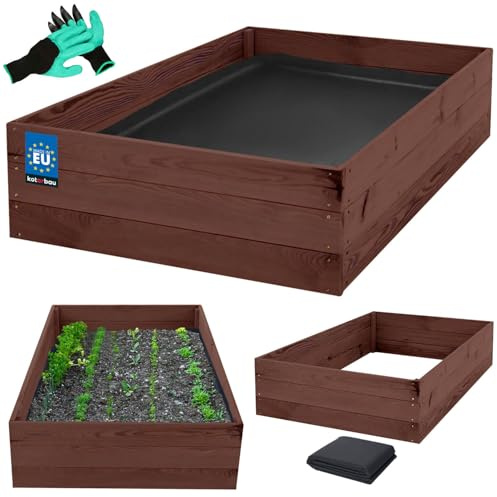 KOTARBAU® Tiefbeet Blumenkasten aus Holz 120x100x27cm Imprägniert Pflanzkästen Braun Hochbeet Kräuterbeete Pflanzkübel Anzuchtbeet Hochbeete für garten Gemüsezucht Gemüsekiste + Handschuhe mit Krallen