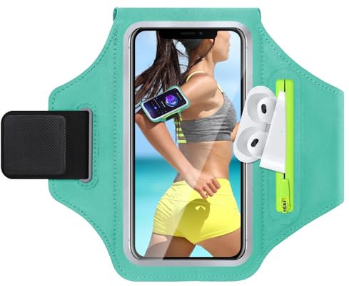 GlasFlength Brassard de Sport avec Poche Écouteur, Brassard Telephone Sport Porte Telephone Course a Pied Sport pour Téléphone Portable Razobws pour iPhone 15/14 pour Jogging Cyclisme Randonnée (bleu)