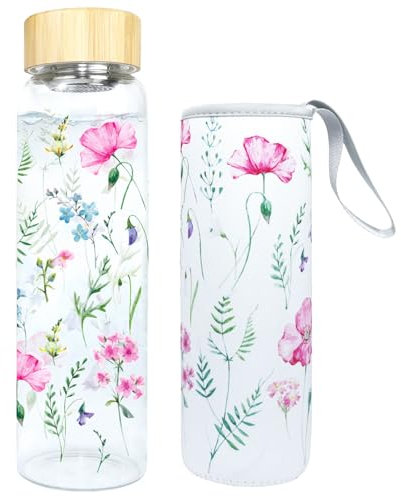 Bouteille D'Eau Verre 1000 ml / 1 Litre,Bouteilles Verre Large Ouverture 5,5 cm Avec Couvercle Protection Passoire Acier Inoxydable,Bouteille Sans Bpa Étanche Adaptée Boissons Gazeuses (Rose-Violet)
