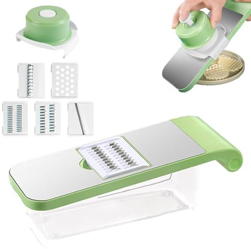 Multifunction Slicer Vegetable Cutter Set, Stainless Vegetable Chopper, Potato Fries Slicer, 5 Types Detachable Blade, Vegetables Mandoline Slicers Kitchen Gadgets (Green 1 Set)