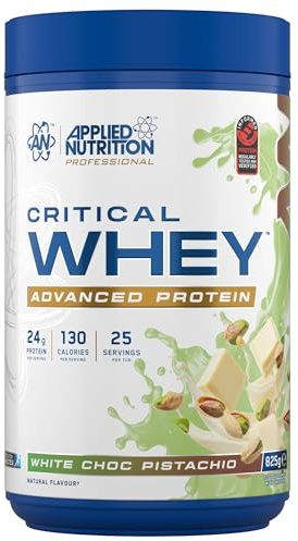 Applied Nutrition Critical Whey Protein Powder – 24g Protein per Serving, High Protein Powder, Protein Shake with BCAAs & Glutamine – Muscle Growth & Recovery (825g -25 Servings)(White Choc Pistachio)