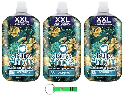 3x Puro Amore Weichspüler XXL Golden Fly Konzentrierter Weichspüler Ammorbidente Concentrato 86 Wäschen 1800ml + Beni Culinari Kostenloser Schlüsselanhänger