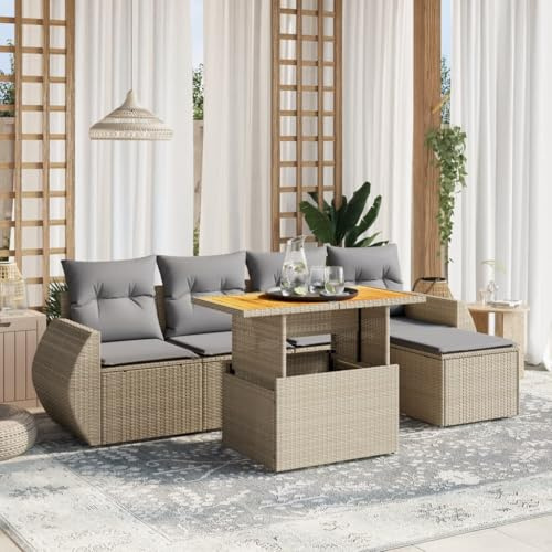 Yunovire 6-TLG. Garten-Sofagarnitur, Beige Poly Rattan, Verstellbarer Tisch, UV-beständig, modulare Outdoor-Sofa-Gruppe für Patio, Balkon, Terrasse