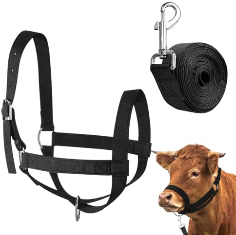 Adjustable Cow Halter, Leading Rope Set, 120cm Small Breed Showing Halter with Durable Nylon Strap, Comfortable Padding with Metal Rings, Training Handling Use for Calf Lamb Goat Sheep