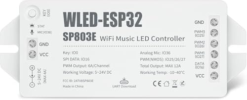 BTF-LIGHTING ESP32 WLED SP803E LED-Controller m/Mikrofon, Soundreaktiv,UART | DIY-Modi, USB-C mit FW-Download für WS2811 WS2812 WS2814 WS2815 SK6812 Addressable LED Streifen/Matrix, PWM-Dimmung CCT/RGB