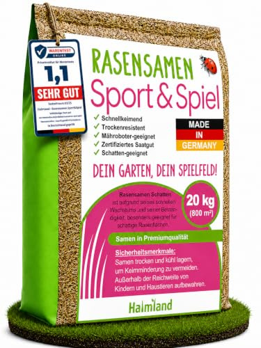 SEHR GUT getestet | Rasensamen schnellkeimend 20kg für 800m² | Sommer Sport und Spiel Rasen | Grassamen trockenresistent für Rasensaat und Nachsaat