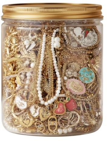 Striegro 25-teiliges goldenes Mystery-Schmuckglas, Mystery-Schmuckglas Vintage, verschiedene Vintage- und moderne Stile: Halsketten, Ohrringe, Ringe.