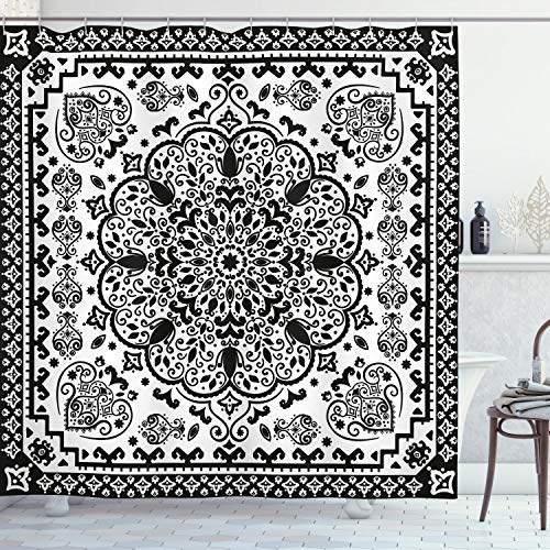 ABAKUHAUS Ethnisch Duschvorhang, Lace Paisley Schwarz Mehndi, Stoffliches Gewebe Badezimmerdekorationsset mit Haken, 175 x 200 cm, Charcoal Grau Weiß