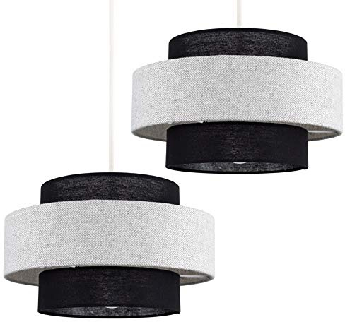 MiniSun | Pair of Modern Cylinder Ceiling Pendant Light Shades in a Black & Grey Herringbone Finish Complete with 10w LED GLS Bulbs | Shades & Home Improvements Essential | 30cm Shade Width