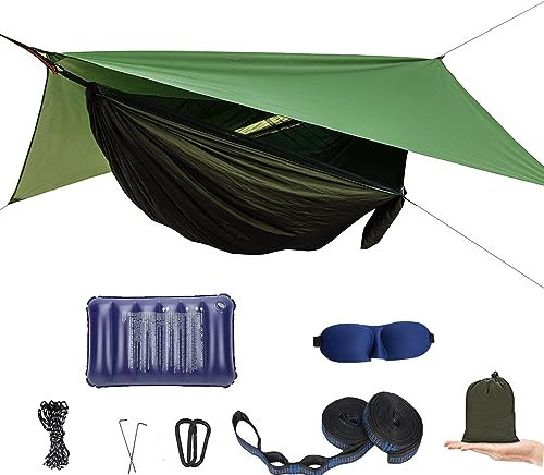 Hamac de camping avec moustiquaire et mouche de pluie – Hamac de voyage – Tente hamac pour randonnée, voyage, accessoires de camping et équipement de camping – Vert militaire