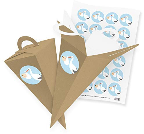 itenga 24x Geschenktüte Gastgeschenk Schultüte Braun 21 cm mit Stickerbogen Aufkleber Storch Blau Geburt Taufe