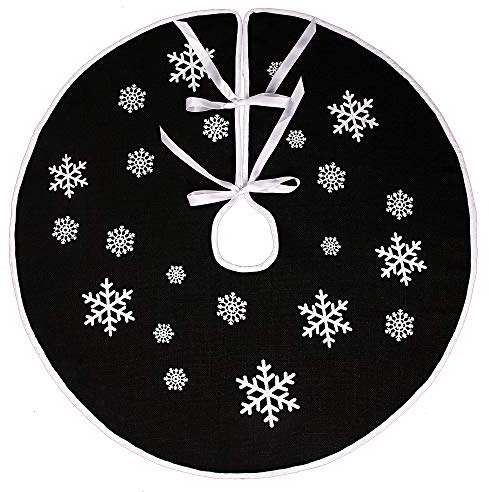 N&T NIETING Schwarz Weihnachtsbaum Rock Weiße Schneeflocke Gedruckt Sackleinen Weihnachtsbaumteppich Ornamente Dekoration für Weihnachten (30 Inches)