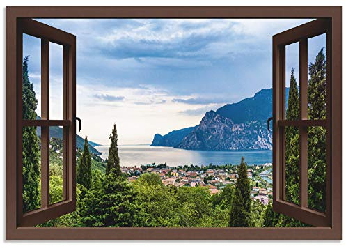 ARTland Wanddeko Wandbild Alu Verbundplatte für Innen & Outdoor Bild 100x70 cm Querformat Fensterblick Gardasee Landschaft See Natur Berge Italien U1TU