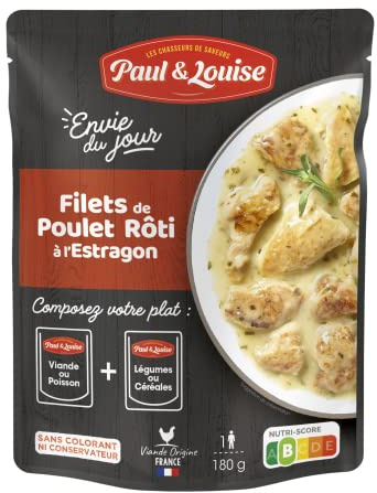 Paul & Louise Envie Du Jour - Filets de poulet rôti à l'estragon 180g - Sachet micro ondable - Prêt en 2 min - À combiner avec nos sachets d'accompagnements - Légumineuses ou Céréales