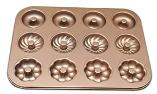 Gurlideo Donut Mould 12-Cavity 3 Shapes Cupcake Tins Non Stick Carbon Steel Baking Tray for Doughnut Muffin Cupcake, Gold