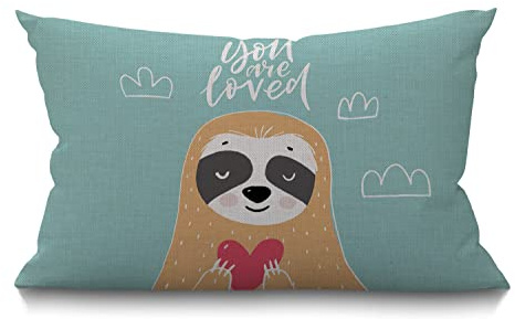 BGBDEIA Sloth Cushion Cover Cute Sloth Character Heart and Love Quote You are Loved Cotton Linen Decorative Rectangular Throw Pillow Cover Pillowcase for Sofa and Bed Couch 12X20 30 x 50 cm