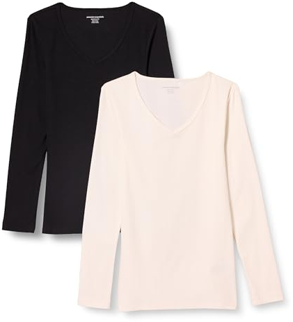 Amazon Essentials Women's Slim-Fit Layering Long Sleeve Knit Rib V-Neck (Available in Plus Size), Pack of 2, Eggshell White/Black, X-Small