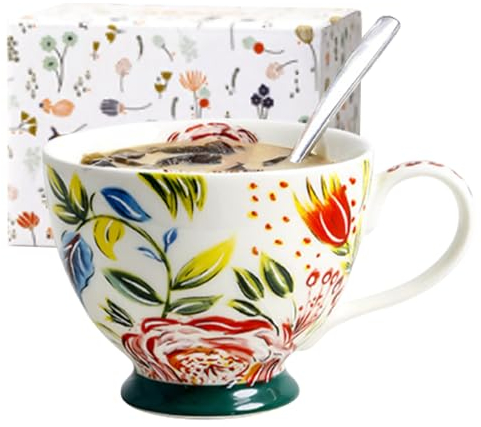 Tuzsocr 450ml Tasses en céramique à motif floral,café tasse de style bohème,tasse de petit déjeuner peint à la main,avec anse faite et peinte à la main.pour le lait,le thé,vin,jus,boissons (Style 2)