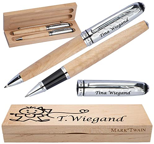 Mark Twain Schreibset aus Holz mit Box | Holzkorpus Drehkugelschreiber und Rollerball aus Metall mit Gravur | Großraummine blau schreibend | Box mit Wunschgravur | (Mädchen)