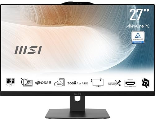 MSI Modern AM272P 1M-816FR All-in-One PC - 27 FHD IPS, 27 FHD IPS, Intel Core 5 120U, 16GB DDR5, 512GB NVMe SSD, WiFi 6E, Integrated Webcam and Speakers, Wireless, Keyboard and Mouse, Black