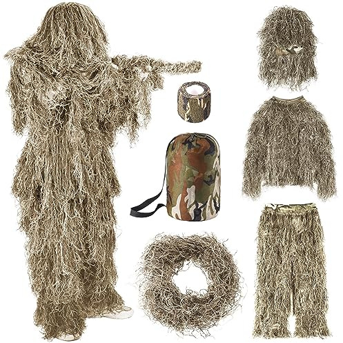 SOROVEE Traje Ghillie, traje Ghillie 6 en 1 para hombres, incluyendo chaqueta, pantalones, capucha, bolsa de transporte y cintas de camuflaje, ropa de caza de camuflaje 3D, adecuado para adultos,