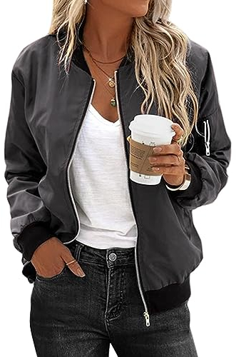 Zeagoo Veste Bomber Femme Blouson Léger à Manches Longues Veste Fine Respirante Veste Cuir Aviateur Courte avec 2 Poches Fermeture Éclair Veste de Transition Sportive Extérieure Gris Foncé S