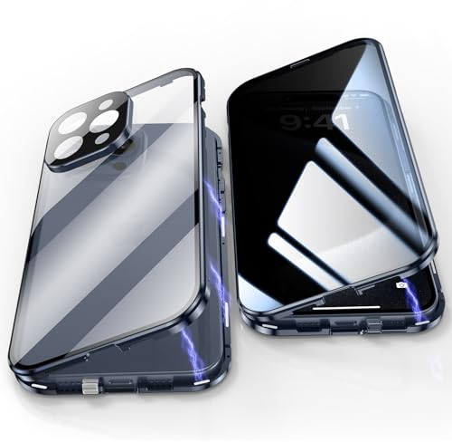 Jonwelsy Anti Peeping Hülle für iPhone 15 Pro Max, 360 Grad Schutz Case, Privatsphäre Gehärtetes Glas Anti-Spähen Cover, Stark Magnetische Adsorption Metallrahmen Handyhülle für 15 Pro Max (Blau)