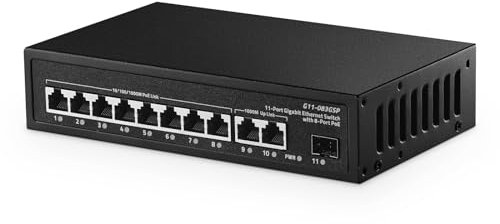 Binardat Switch Gigabit POE a 11 porte, 8 porte POE+ 1000 Mbps, 2 Gigabit uplink, 1 Gigabit SFP, IEEE802.3af/at, 135 W Power Supply, Metal Case Ungested Plug and Play, 11X1G POE