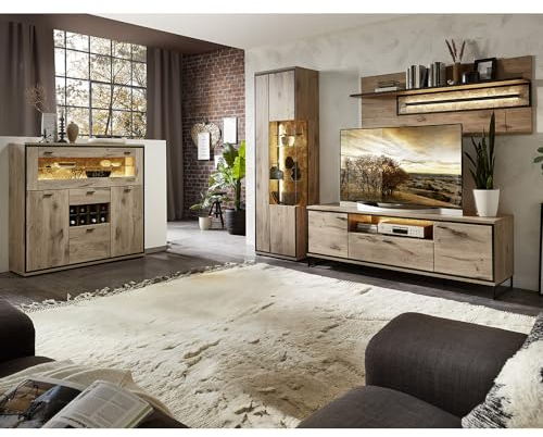 Wohnmöbel Set Wohnwand inkl. Beleuchtung braun 4-teilig Modern, 1 Vitrine, 1 Highboard, 1 Lowboard, 1 Wandboard
