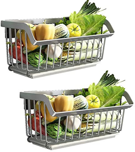 Obst- Und Gemüseregal Aus Rostfreiem Stahl 304, Wandhalterung Zur Aufbewahrung Von Gemüse In Der Küche, 2-stöckiger Obstkorb, Arbeitsplatte/Wandmontage, Schwarz Metall Wandkorb, Silber, Schwarz Obst-