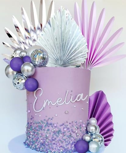 JeVenis Purple Disco Balls Cake Decorations Silver Palm Leaves Cake Decorations Stars Cake Decoration 70s Party Supplies 70s Birthday Cake Decoration Disco Bachelorette Party Supplies