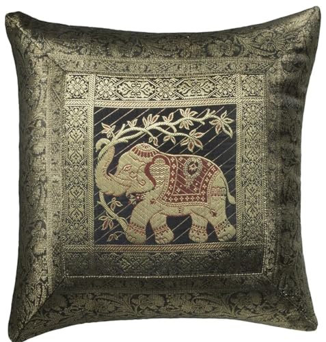 Original Kikan Kissenbezug aus indischem Elefanten-Mandala, Seide, Sari-Brokat, Boho-Stil, Heimdekoration, 40,6 x 40,6 cm, Reißverschluss, Banarsi, ethnisch, handgefertigt, Patchwork (schwarz)