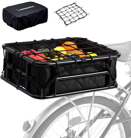 WooFopt Rear Bike Basket with Rainproof Cover and Cargo Net, Large, Black, Metal, Rack Mount, Perfect for Electric Bike