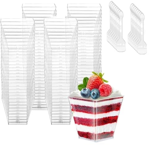 HIYAA 50Pcs Dessert Cups, 4oz/120ml Mini Dessert Bowls Clear Hard Plastic Reusable Cheesecake Pots with 50Pcs Plastic Spoons for Puddings,Mousses,Parfaits,Trifles,Tiramisu,Party,Birthday
