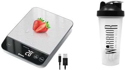 Etekcity 10kg Digital Kitchen Scales,Waterproof, USB Rechargeable Food Scales & Warrior Supplements 7091 Protein Shaker Bottle 600ml - Mixball Shake Blender (Pack of 1), Black
