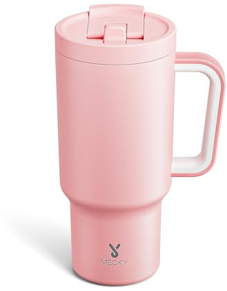Meoky 32 oz Tumbler with Handle and Flip Straw, 100% Leakproof Tumbler with Lid and Straw, Stainless Steel Insulated Cup, Cupholder Friendly, Keeps Cold for 24 Hours (Blush)