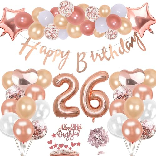 26. Geburtstag Deko Rosegold Set, Helium Herz Zahl Folienballons Happy Birthday Banner Luftballons Konfetti Tisch Ballons Kuchen Tortendeko Geschenk für 26 Jahre Mädchen Frau Frauen Party Dekoration